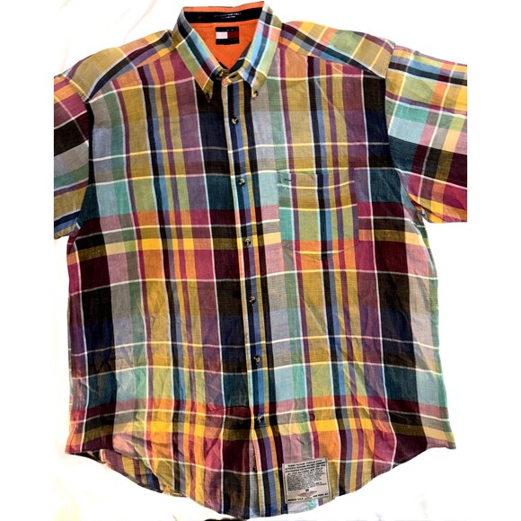 Tommy Hilfiger Mens Multicolor Madras Short Sleeve Button Down Shirt Size XL - Picture 1 of 5
